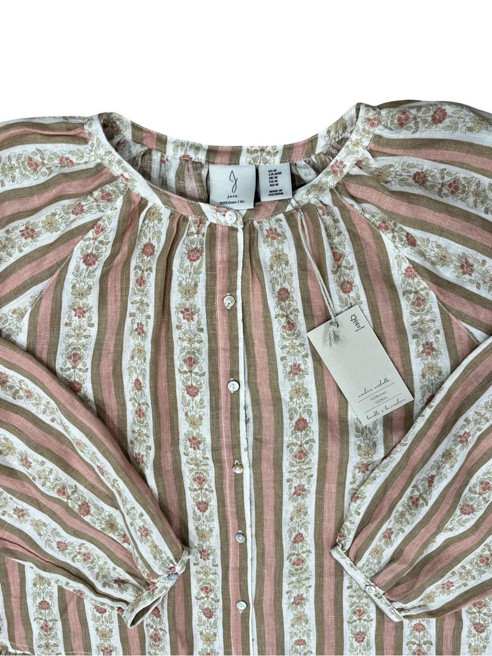 Joie 100% Linen Pink Floral Stripe Balloon Sleeve Peasant Blouse M NWT - Picture 9 of 11